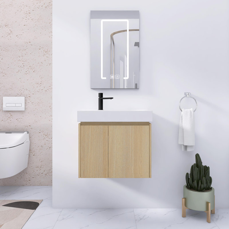 Petit meuble-lavabo mural 24 po avec lavabo en céramique, portes d'armoire à fermeture douce, Chêne