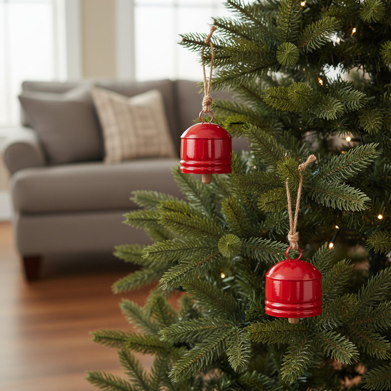 Ensemble de quatre ornements en forme de cloche de Noël rouges et naturels