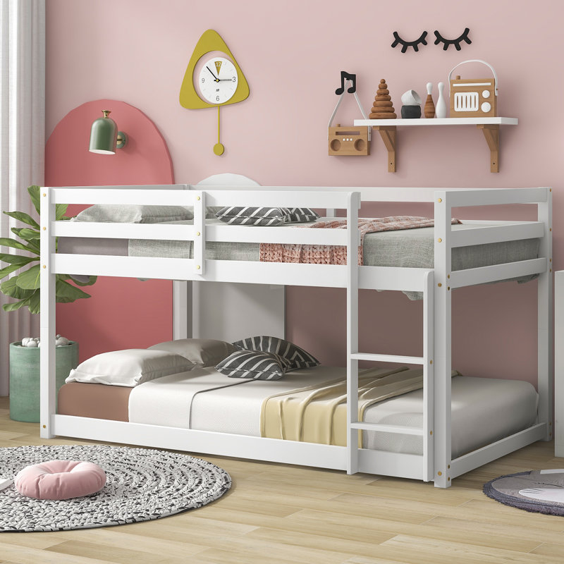Twin Over Twin Floor Bunk Bed,Pink, Blanc
