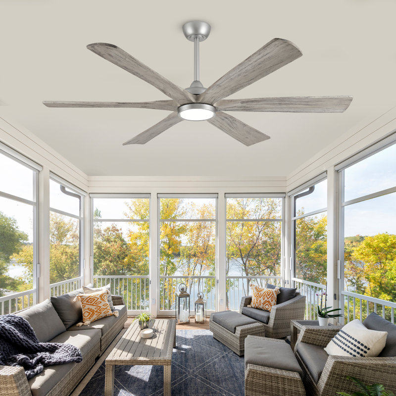 Modern 6 Blade Solid Wood Ceiling Fan With Led Light And Remote, Silver, 72" Wide, Gray