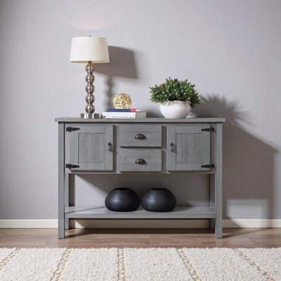 Routenberg Wood Storage Console Table with  2 Drawers and Cabinets and Bottom Shelf