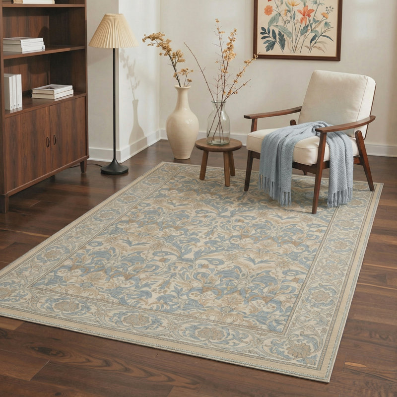 Allendale Verve Floral Machine Washable Blue / Brown Indoor Area Rug with Non-Slip Backing, Rectangle 6' x 9'