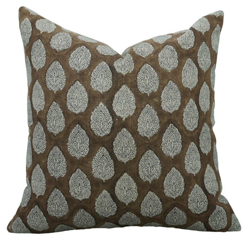 Block Print Throw Pillow Cover, 2 Thick Linen Decorative Cushion Cover, 20" x 20"