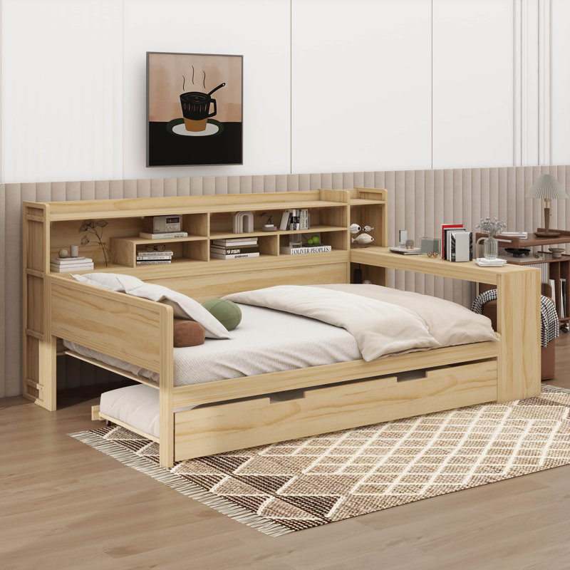 Daybed With Trundle Side Bookcase And Desk Pine Wood Captains Bed With Storage Headboard, Natural, Full/Double