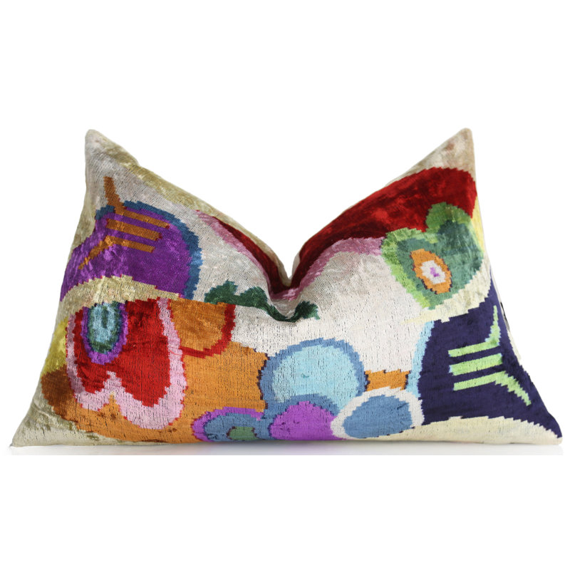 Coussin en velours abstrait 16 x 24 - Ikat multicolore, luxe fabriqué à la main