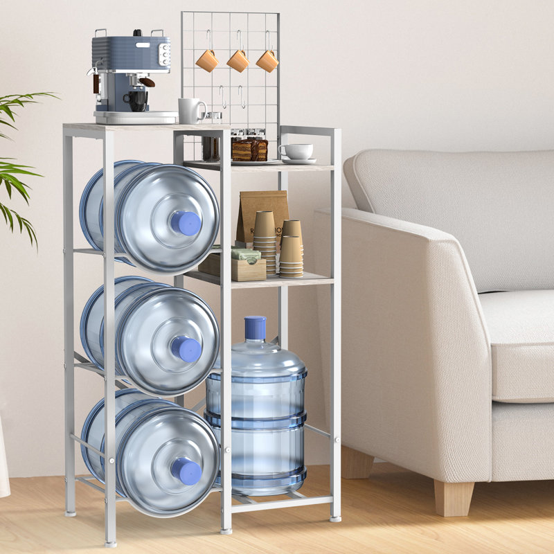Support de rangement pour bouteilles d'eau avec tablettes de café, support à eau à 5 niveaux avec crochets, Gris