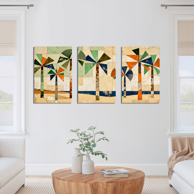 «Geometric Palm Trees», reproduction d'art moderne sur toile tendue sur toile abstraite (ensemble de 3), H 18 po x l 36 po