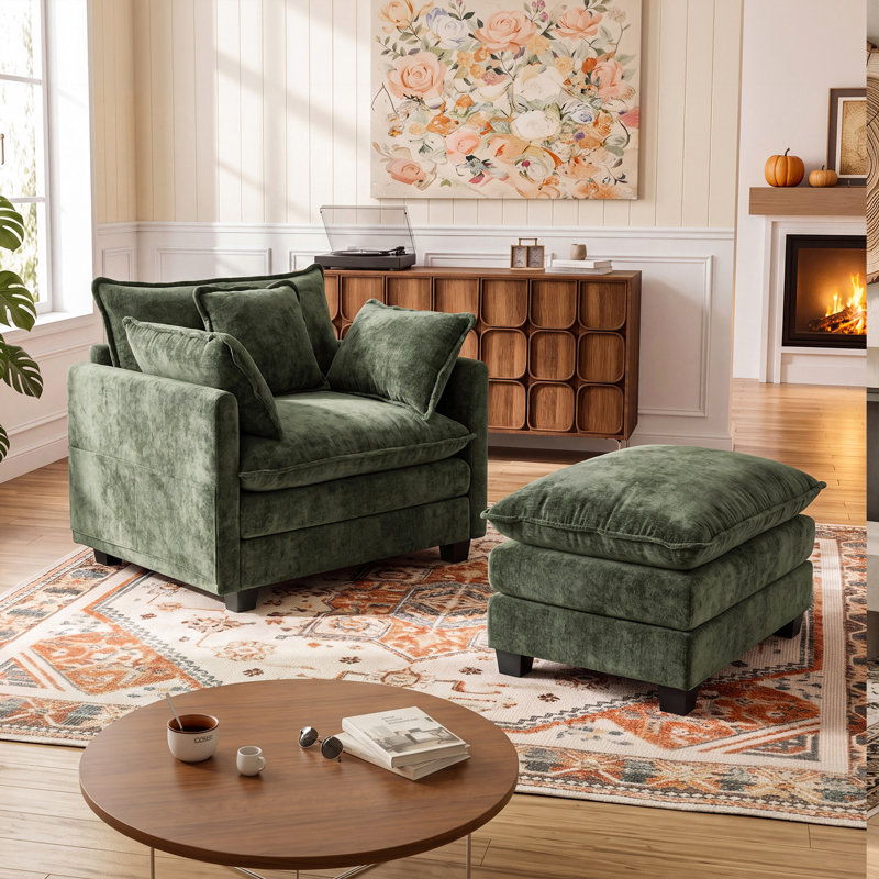 Mercer41 Upholstered 41.7"  Oversized Chenille Accent Armchair  with Ottoman, Green