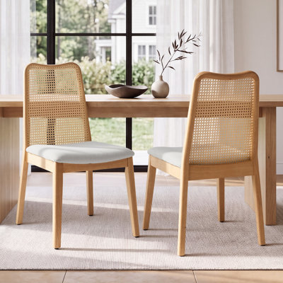 Rattan Back Dining Chairs, Solid Wood Frame Upholstered Dining Side Chairs with Soft Padded PU Leather Cushion, Armless Upholstered Kitchen Chair for Indoor & Outdoor Dining Space