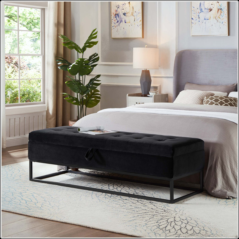 Banc de rangement en velours 58,6 po avec base en métal et plateau capitonné, Black, Black, Black