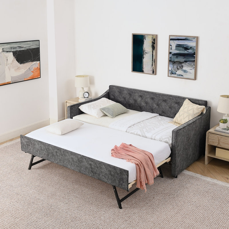 Upholstery Daybed With Twin Size Pop-Up Trundle And USB Charging Design For Guest Rooms And Small Spaces., Gray