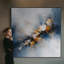 Impression sur tissu grand format - Motif abstrait dynamique bleu, gris et orange pour salon ou chambre - « Assemblage du cadre requis (cadre non fini) »-135869560