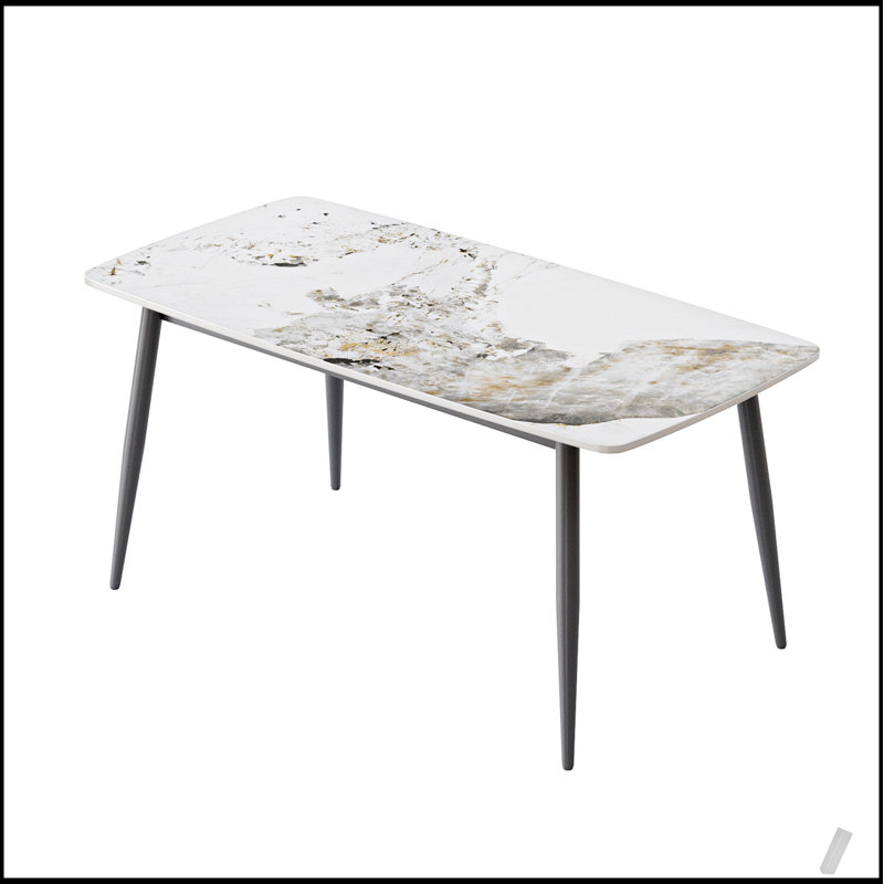 Table de salle à manger moderne en pierre artificielle moderne à bord arrondi avec pieds en métal gris foncé, Blanc / Gris