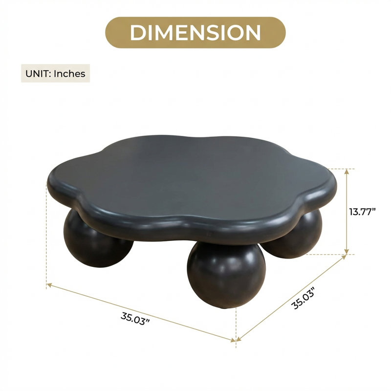 Table basse moderne en forme de nuage avec pieds sphériques - Design minimaliste noir mat pour petits espaces, table de salon adaptée aux enfants et aux animaux de compagnie