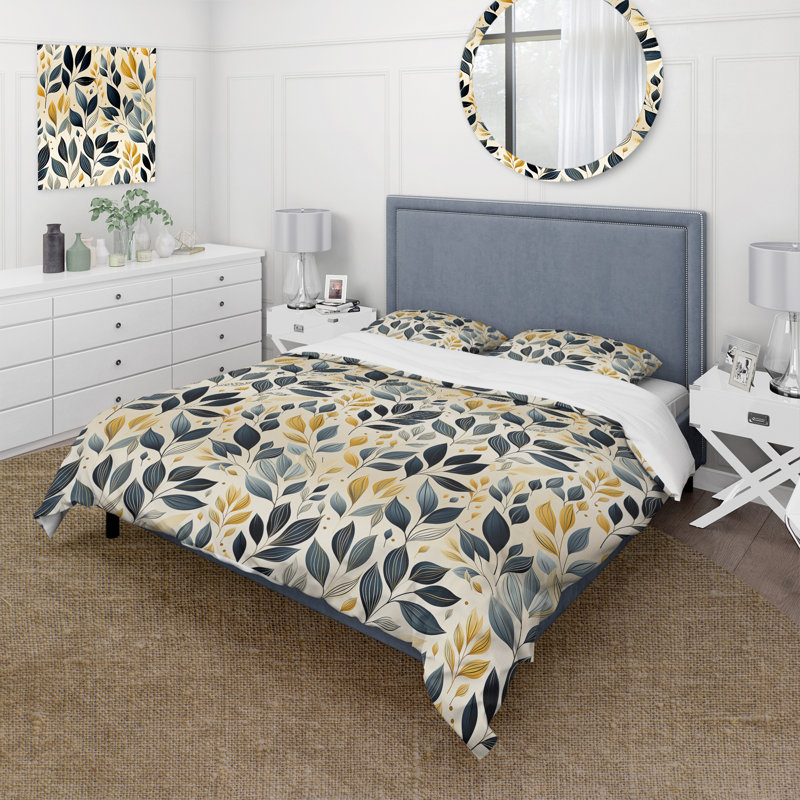 Literie moderne à motif de feuilles VI, Housse de couette pour grand lit et 2 taies décor