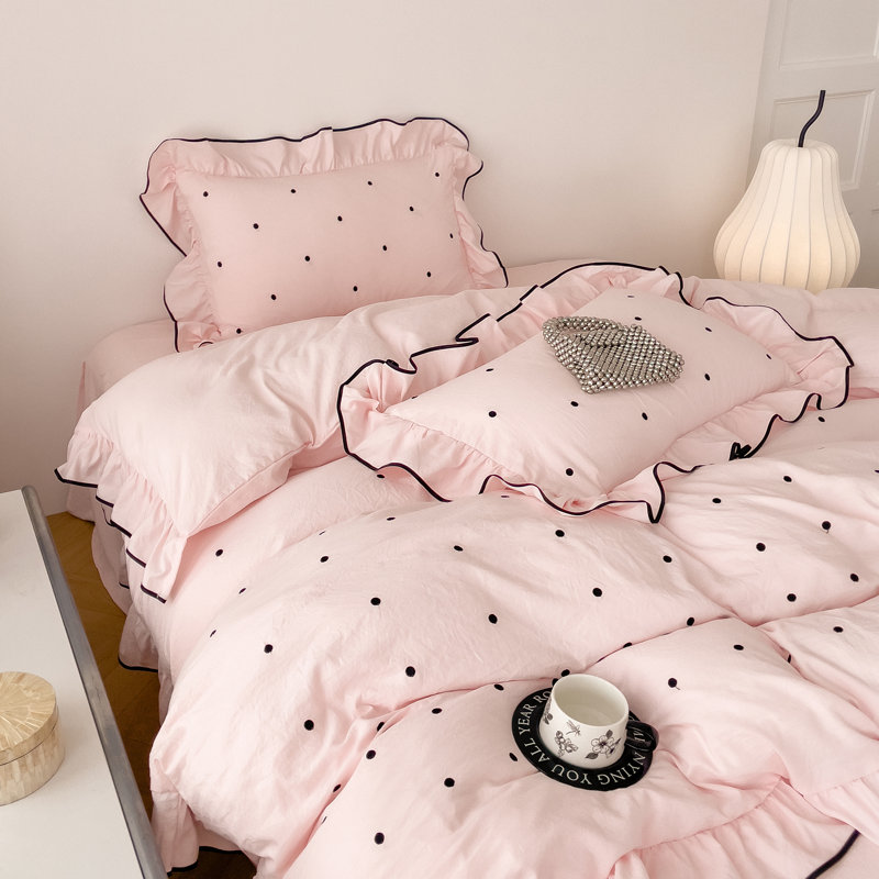 Cute Polka Dot Ruffles Microfiber Duvet Cover Set,  Queen Duvet Cover + 2 Standard Pillowcases, Pink