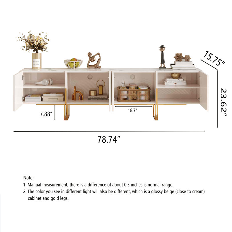 Eddyson 78.7'' Modern TV Stand with Storage Cabinet, Entertainment Center with Stainless Steel Legs, Beige/Cream/Gold