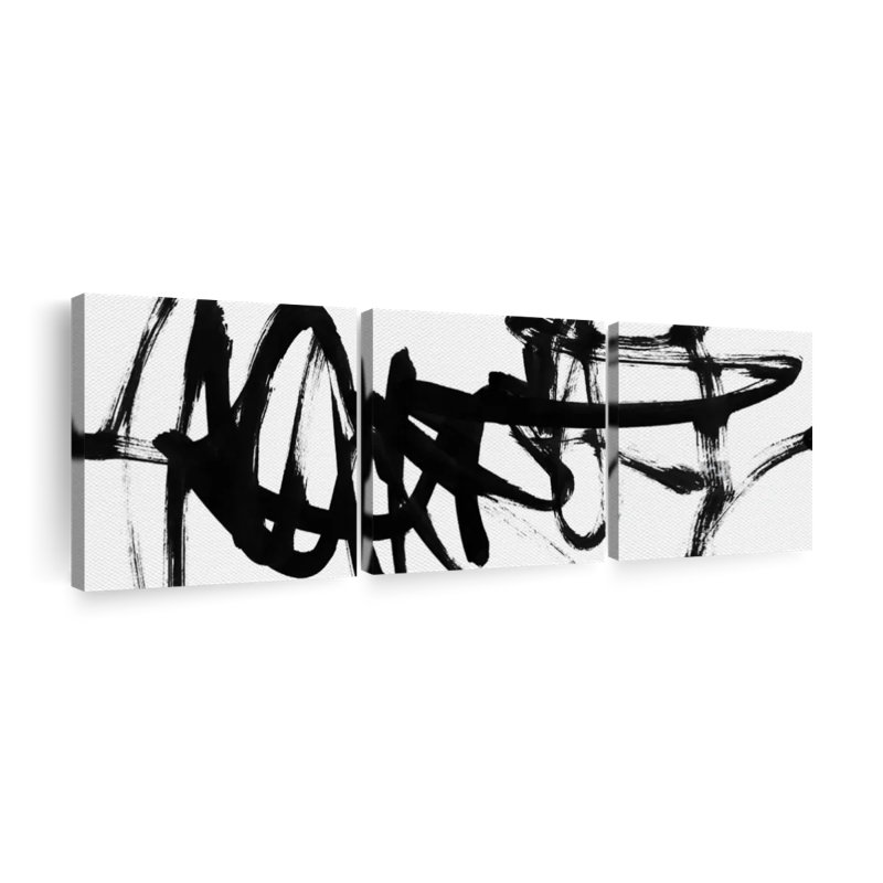 Blanc à noir abstrait V - ensemble panoramique sur toile tendue 3 pièces, H 12 po x l 38 po x P 1,25 po