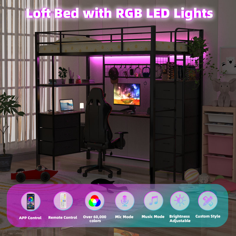 Loft Bed with L-Shaped Desk & RGB LED Lights, Built-in Power Outlets & USB Ports, 8 Storage Drawers & Shelves, Security Guardrail for Teens & Adults, Space-Saving Study Gaming Bed Frame for Bedroom