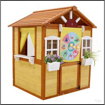 Outdoor Playhouse for Kids Wooden Cottage with Working Doors Windows Pretend Play House for Age 3-8 Years