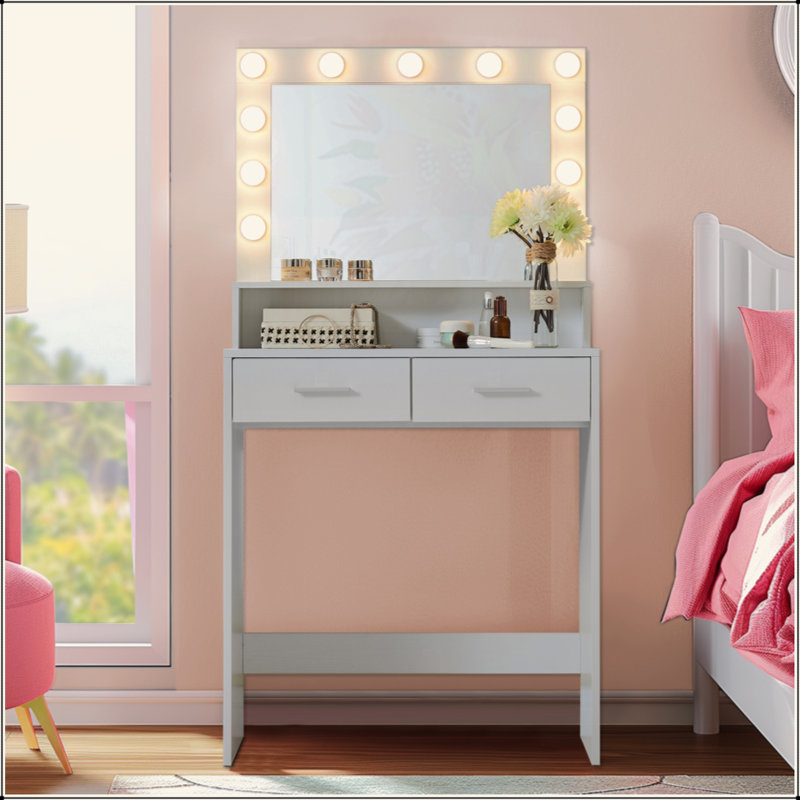 Bureau de coiffeuse avec miroir et lumières, coiffeuse avec grand tiroir, commode de rangement à 2 niveaux et 3 modes d'éclairage à luminosité réglable, convient à la chambre à coucher (blanc)