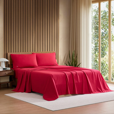 Lacoste Cotton Percale Sheet Set, Cooling & Breathable Bedding, Deep Pocket Fitted Sheet, Chili Pepper, Twin XL