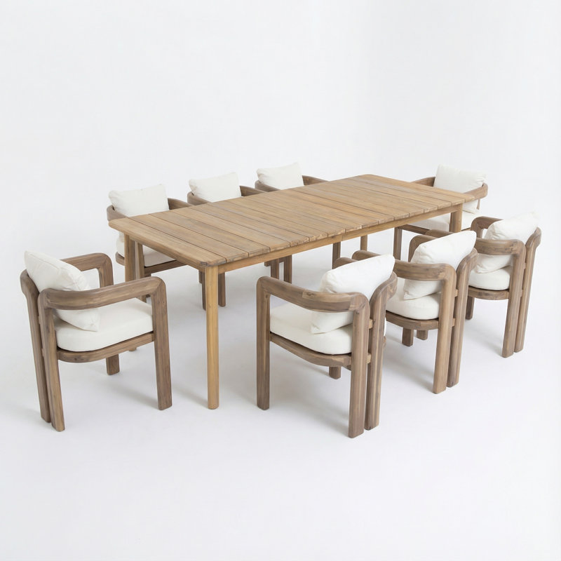 Sierra Modern Organic Acacia Wood Outdoor Dining Set With Cushioned Armchairs And Rectangular Slat Table