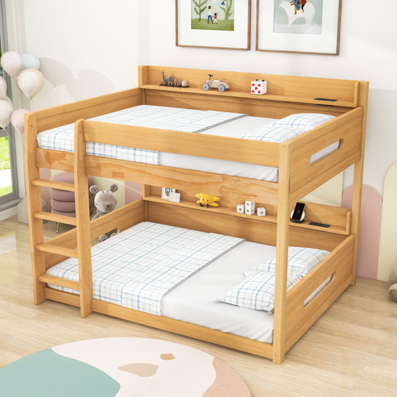 Lit superposé en bois avec tablettes de rangement intégrées et ports de chargement USB, échelle, Bois