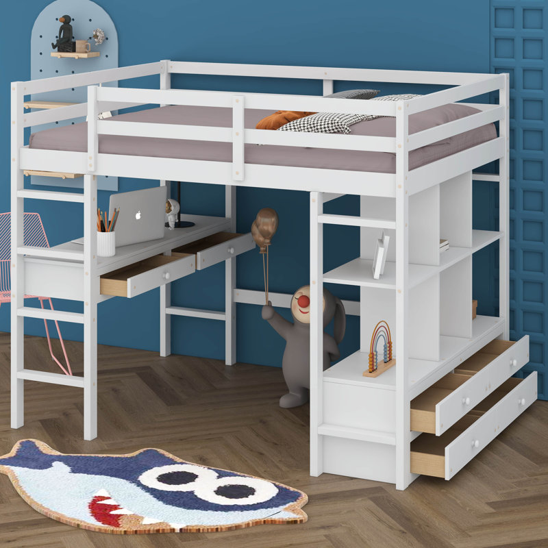 Loft Bed with Built-in Desk with Two Drawers, and Storage Shelves and Drawers, Full, White 