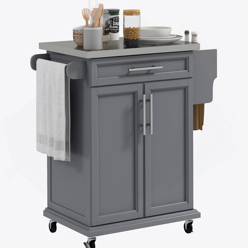 Kitchen Island On Wheels, Rolling Kitchen Cart With Stainless Steel Countertop, Drawer, Towel Rack And Spice Rack, Utility Storage Trolley