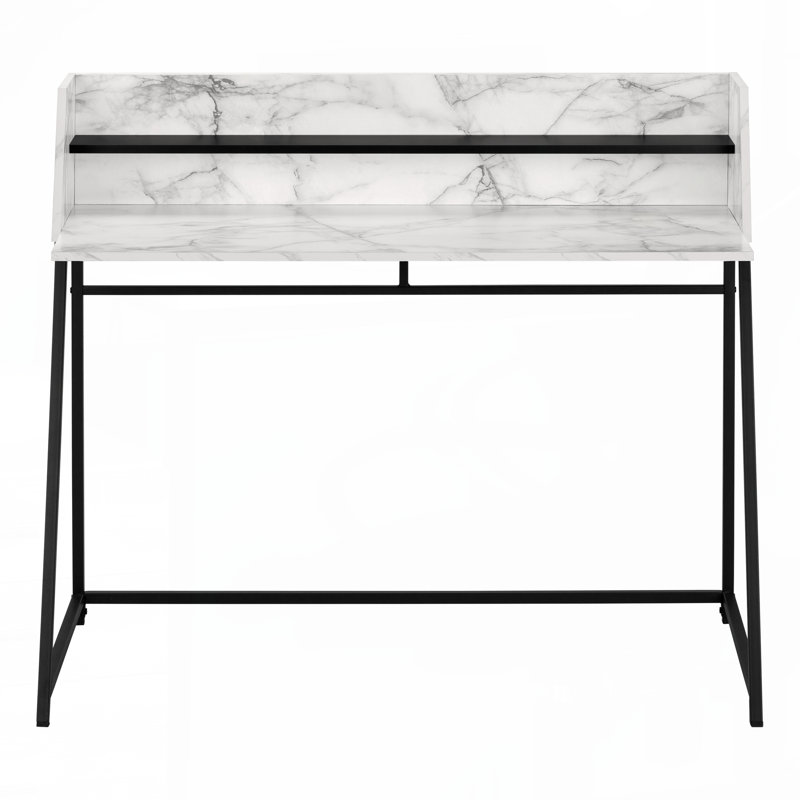 Computer Desk, Home Office, Laptop, Storage Shelves, 48"l, Work, White Marble Look Laminate, Black Metal, Contemporary,