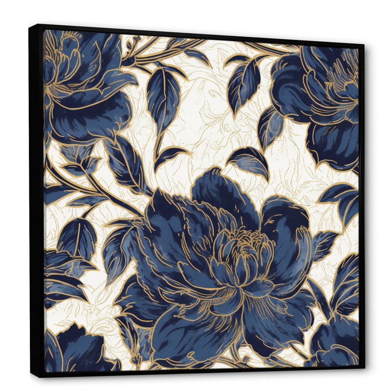 Art mural pivoines bleues et or IV, H 16 po x l 16 po x P 1 po, Cadre flottant noir