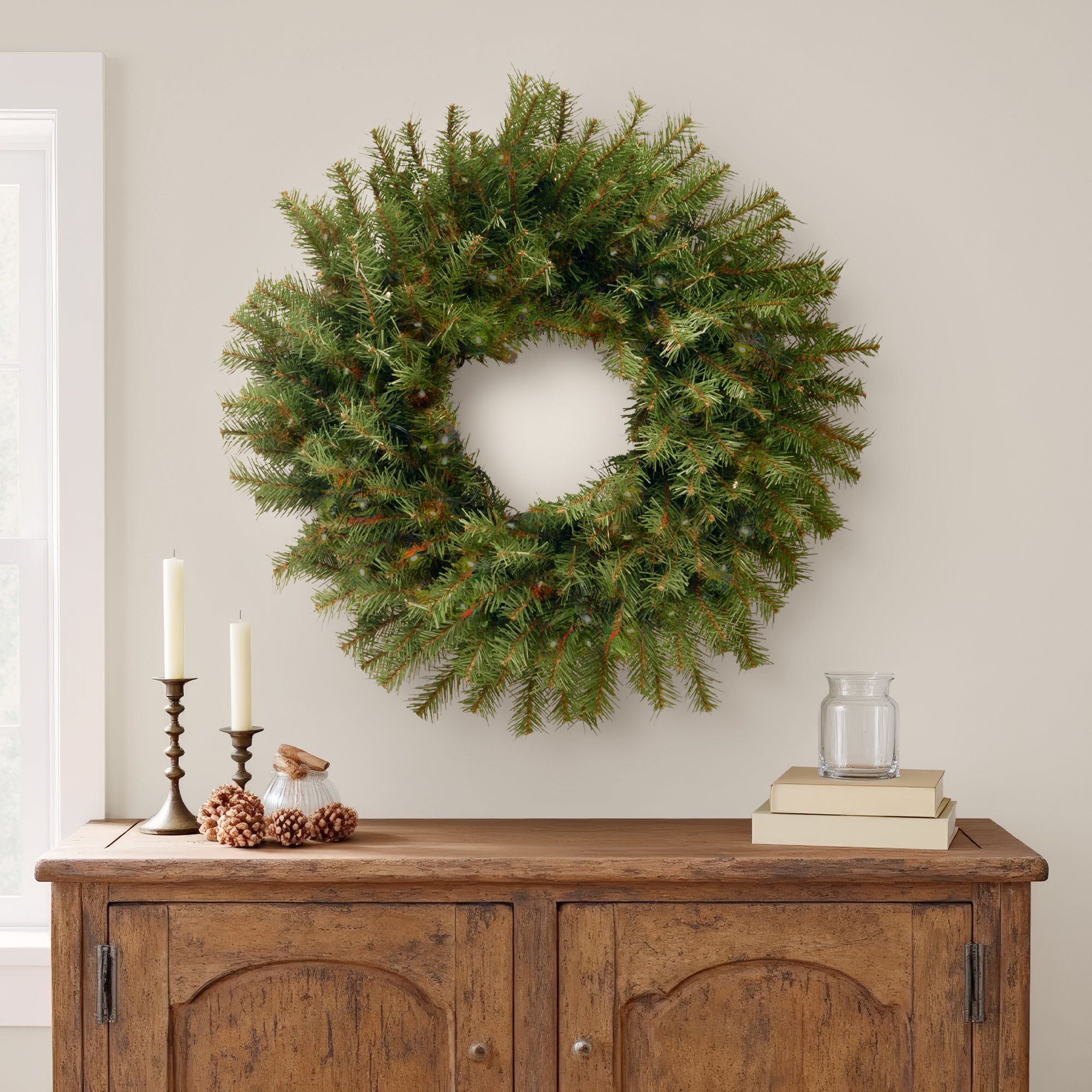 The Holiday Aisle® Norwood Fir Wreath with Battery Operated Multicolor LED Lights, 24" H x 24" W x 4.5" D