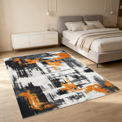 1PC Abstract Distressed Brushstroke Orange Black Grey White Modern Art area rugs for Living Room, Soft, easy-to-maintain, machine washable Indoor floor mat suitable for Dining Table, Bedroom, Home Office, Entryway, Kitchen, Patio Home Decor.