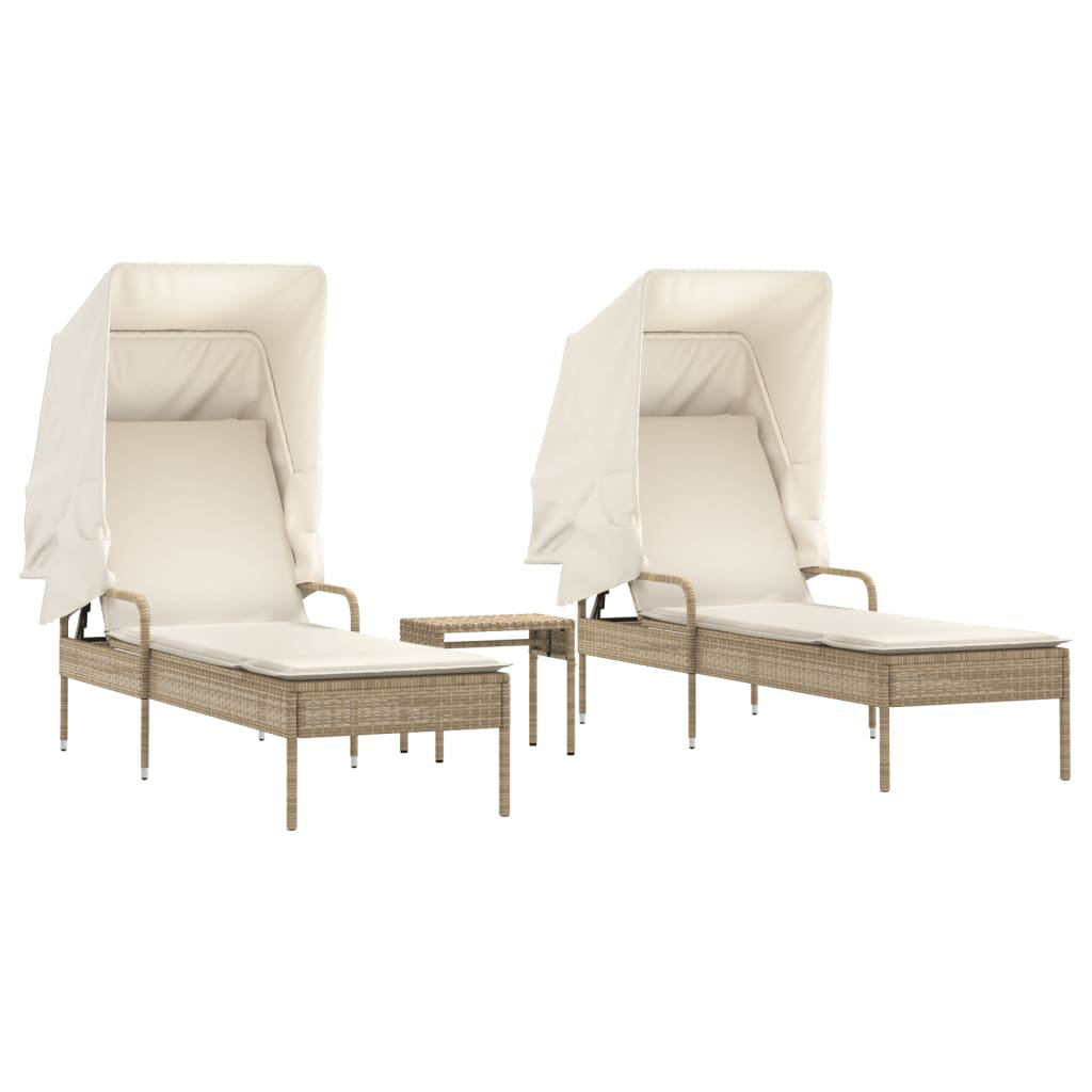 Vidaxl Sonnenliegen 2 Stk. Mit Dach Und Tisch Beige Poly Rattan