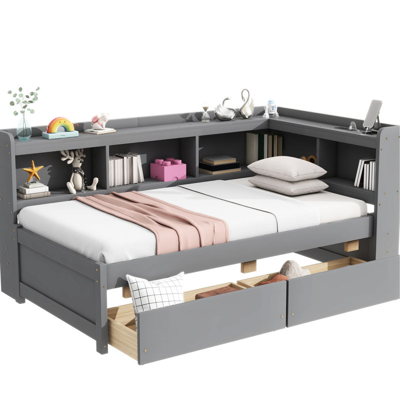 Grey L-Shaped Bookcases Twin Bed With Power Outlets & 2 Drawer Cabinets - Stylish Bedroom Furniture Outlets, Grey, Units Piece