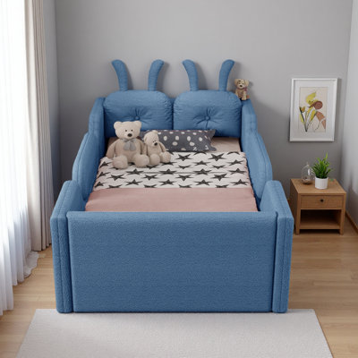 Lit plateforme tapissier simple avec coussin en lapin, lit tapissier pour enfants avec rails latéraux amovibles