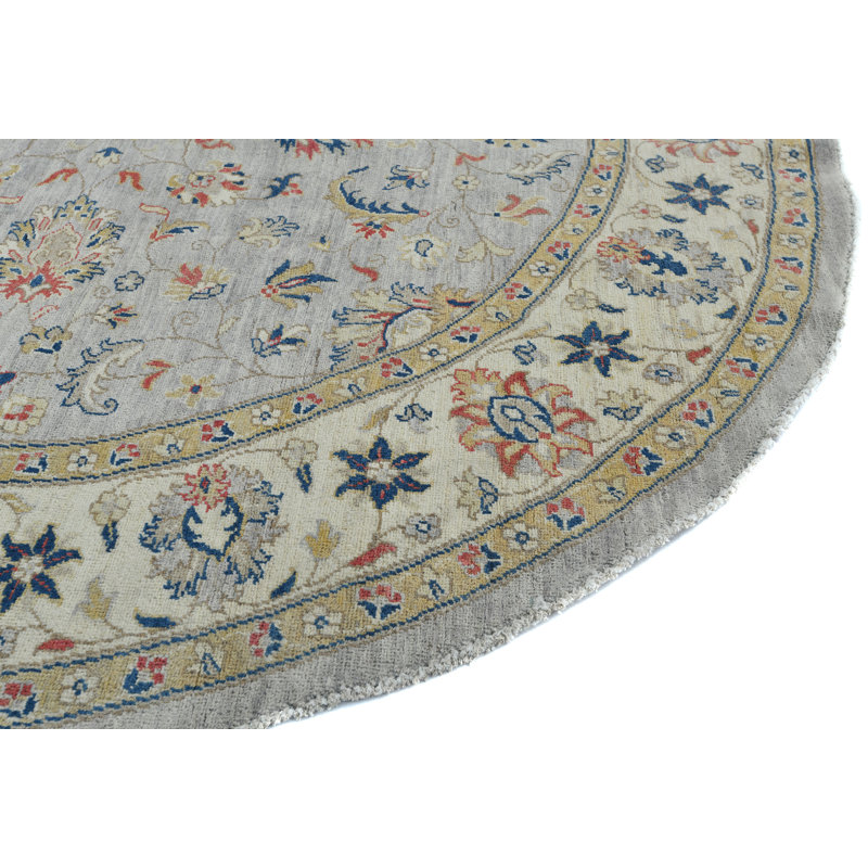 Tapis rond gris oriental à motif floral Oushak 6 pi 4 po x 6 pi 6 po