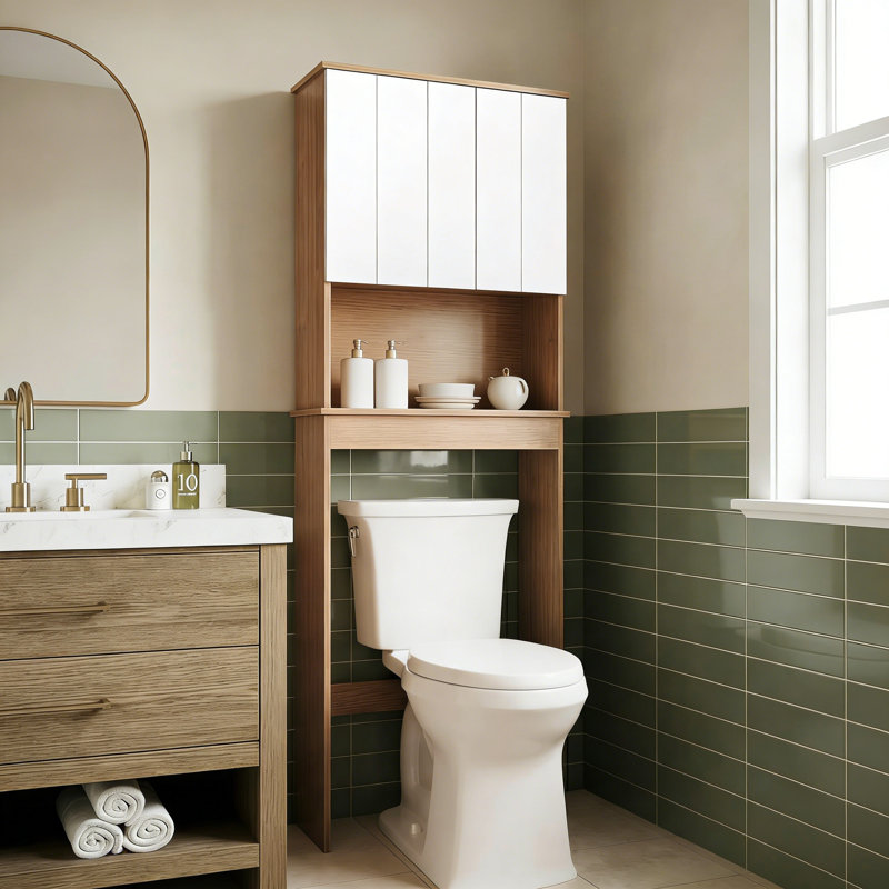 Over The Toilet Storage Cabinet With Doors And Open Shelf, Freestanding Bathroom Organizer For Space Saving, Modern Two-Tone Finish