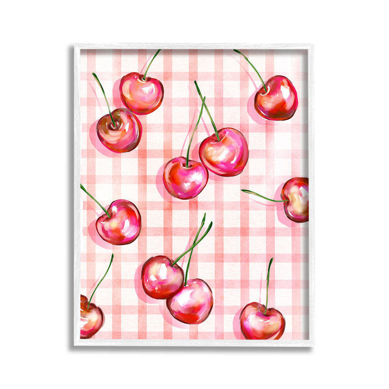 «Gingham», cerises, estampe numérique encadrée par Ziwei Li, Estampe numérique encadrée blanc bord de mer, H 14 po x l 11 po