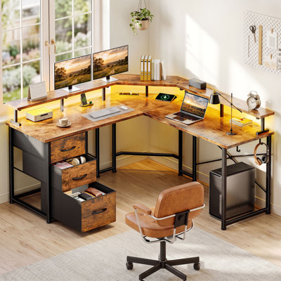 Bureau de coin avec éclairage DEL, 3 tiroirs en tissu, bureau compact avec multiprise pour bureau à domicile et jeux vidéo (support pour écran disponible)