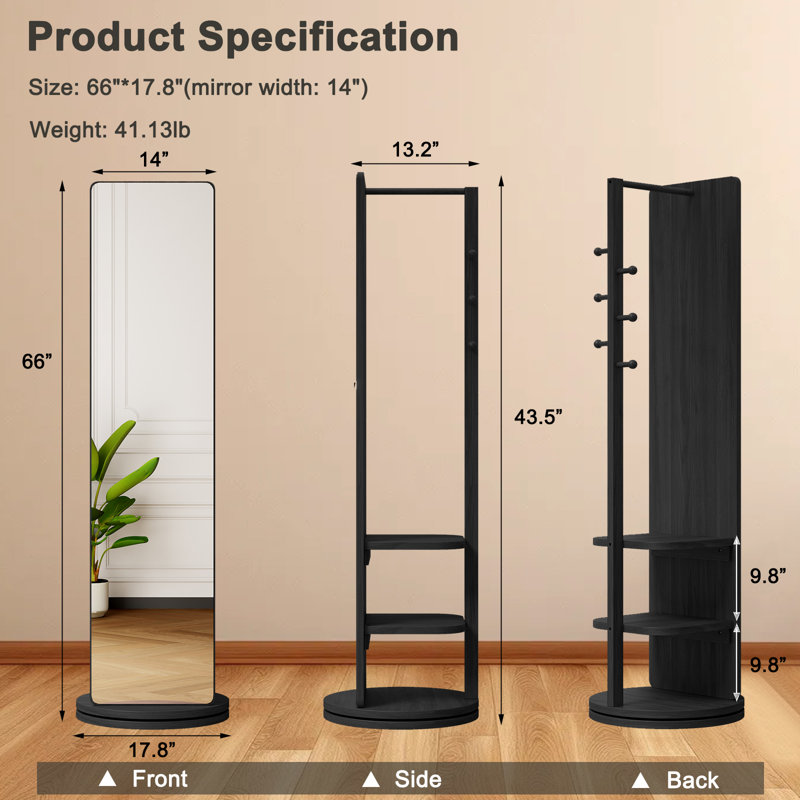 360° Rotating Full Length Floor Mirror With Coat Rack, Multifunctional Storage, Solid Rubberwood, Black, 66"x14", Black