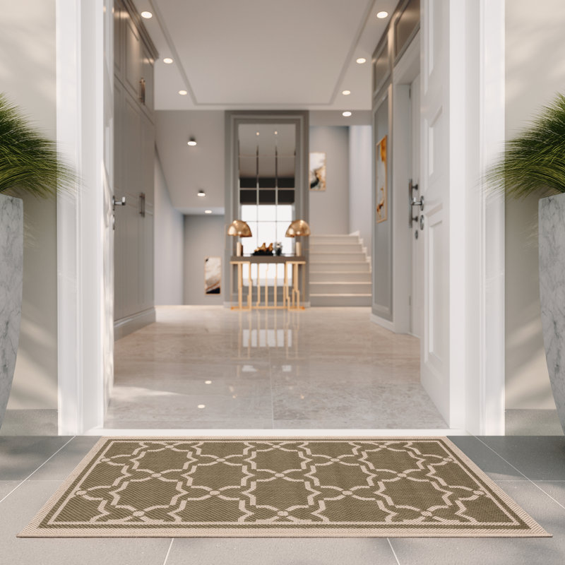 Tapis intérieur / extérieur à motif géométrique vert / beige Dirks, Rectangle 2 pi x 3 pi 7 po