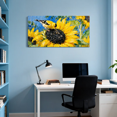 Animals Sunflower Bird Feeding Art Print Canvas