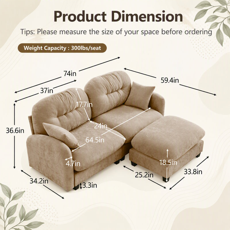 Canapé modulaire en L avec repose-pieds Cloud, revêtement en chenille douce, dossier rembourré capitonné, mousse haute densité pour espaces polyvalents