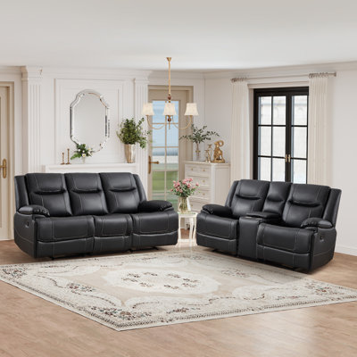 Ensemble de salon inclinable manuel de luxe en cuir véritable 2 pièces Macek - Causeuse et canapé avec console