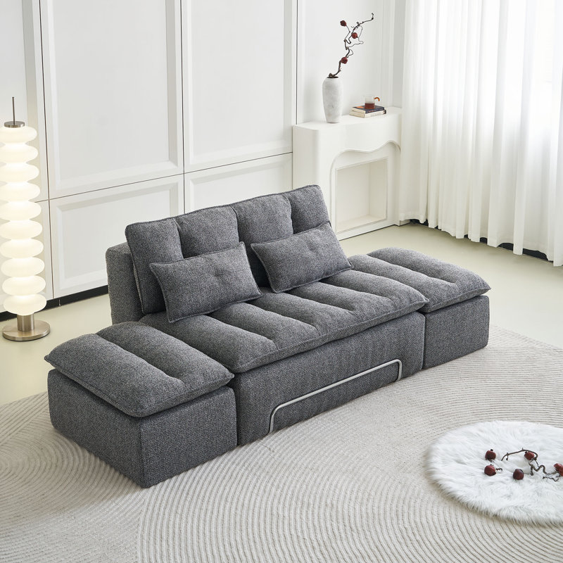Ensemble de salon comprenant un canapé deux places moderne en lin recouvert de tissu (largeur : 133 cm) et deux poufs., Gris
