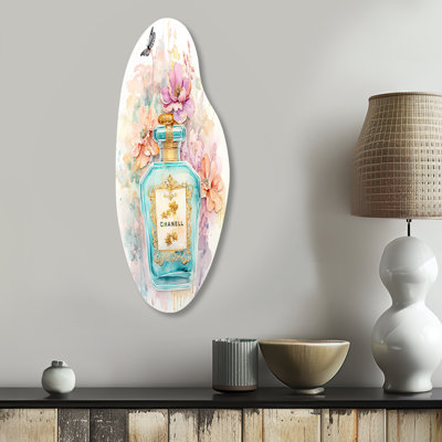 Rétro bouteille de parfum pastel floral I - Parfums incurvés, art mural asymétrique en métal