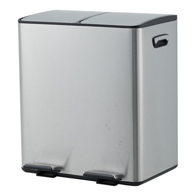 Dual Compartment Stainless Steel Kitchen Trash Can 40L (2 x 20L) – Soft-Close Lid, Collapsible Non-Slip Foot Pedal, Removable Inner Buckets, Odor Control, Large Capacity Recycling Bin
