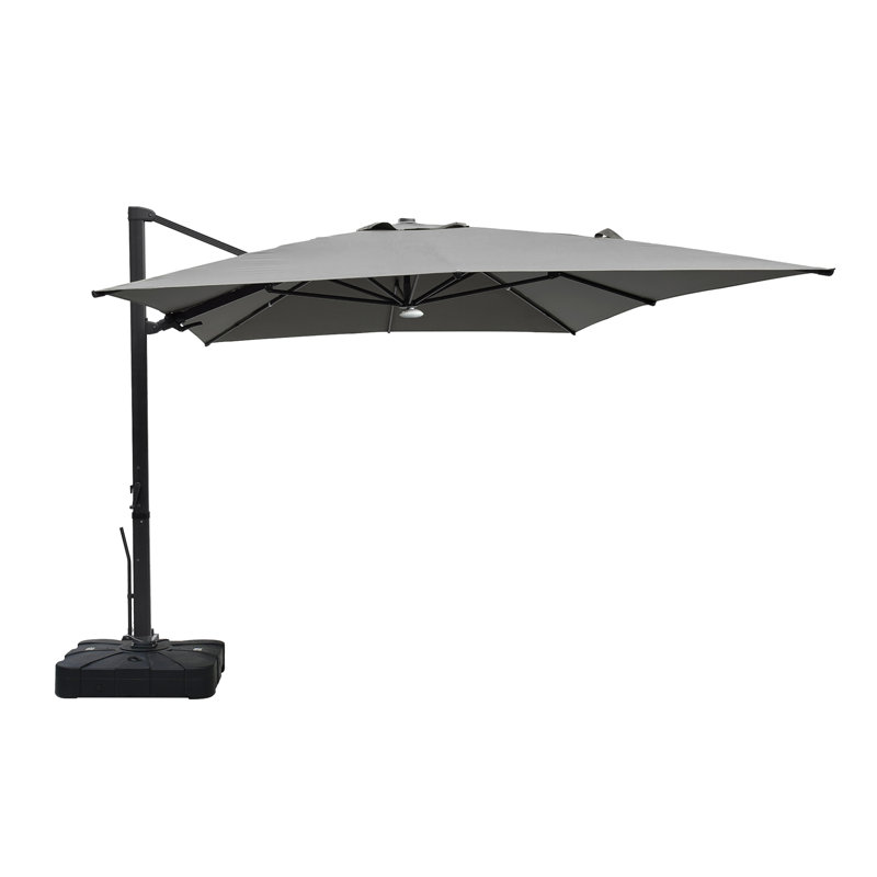 Parasol de patio en porte-à-faux rotatif 10 pi x 13 pi avec base et éclairage audio Bluetooth, Gris